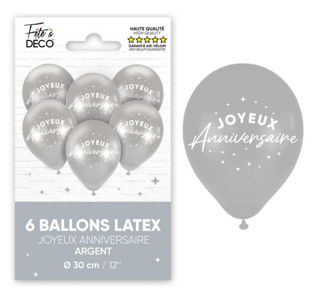 Packung mit 6 silbernen Metallic-Happy-Birthday-Ballons