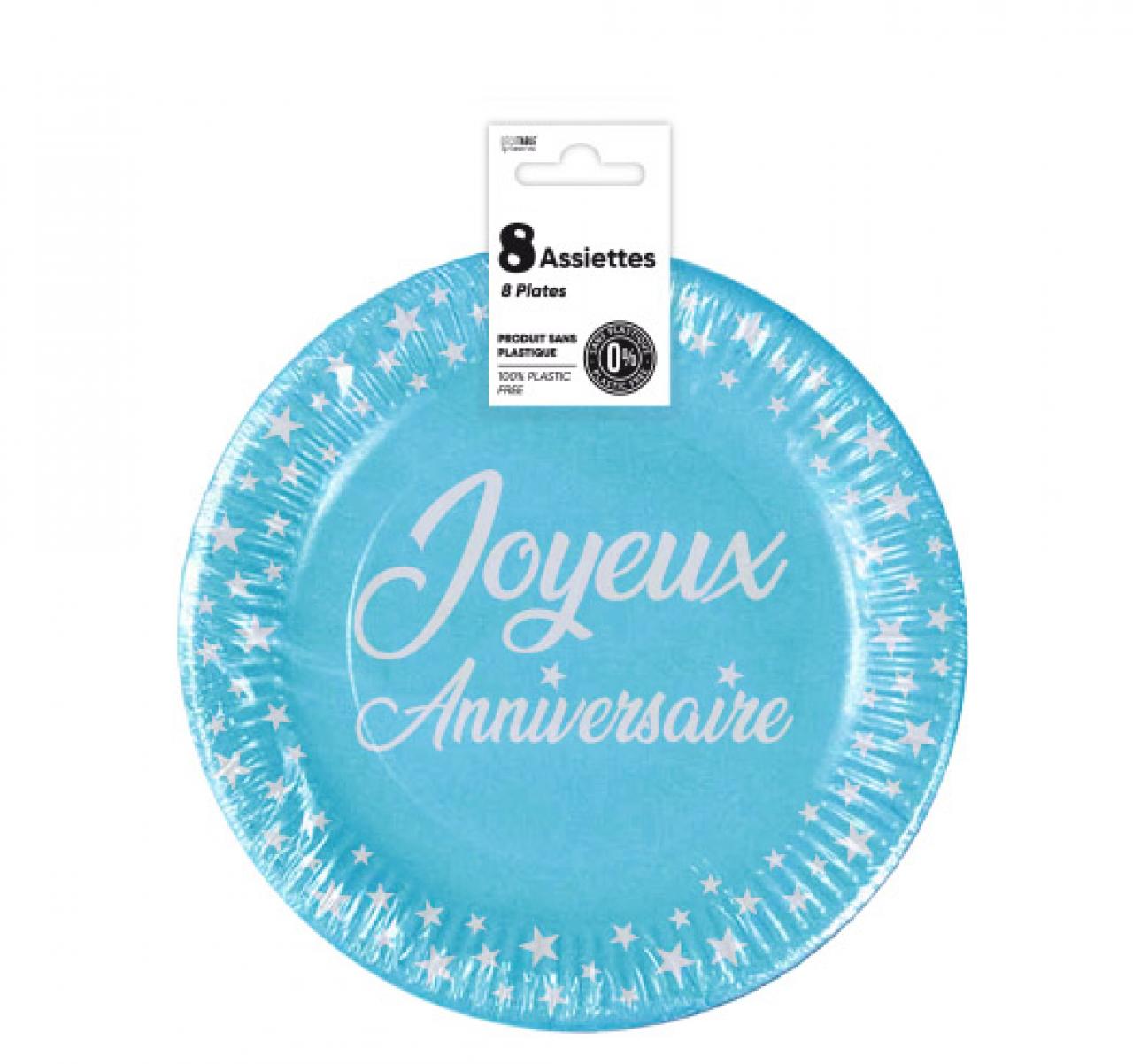 Assiettes x8 Anniversaire 18 cm bleu
