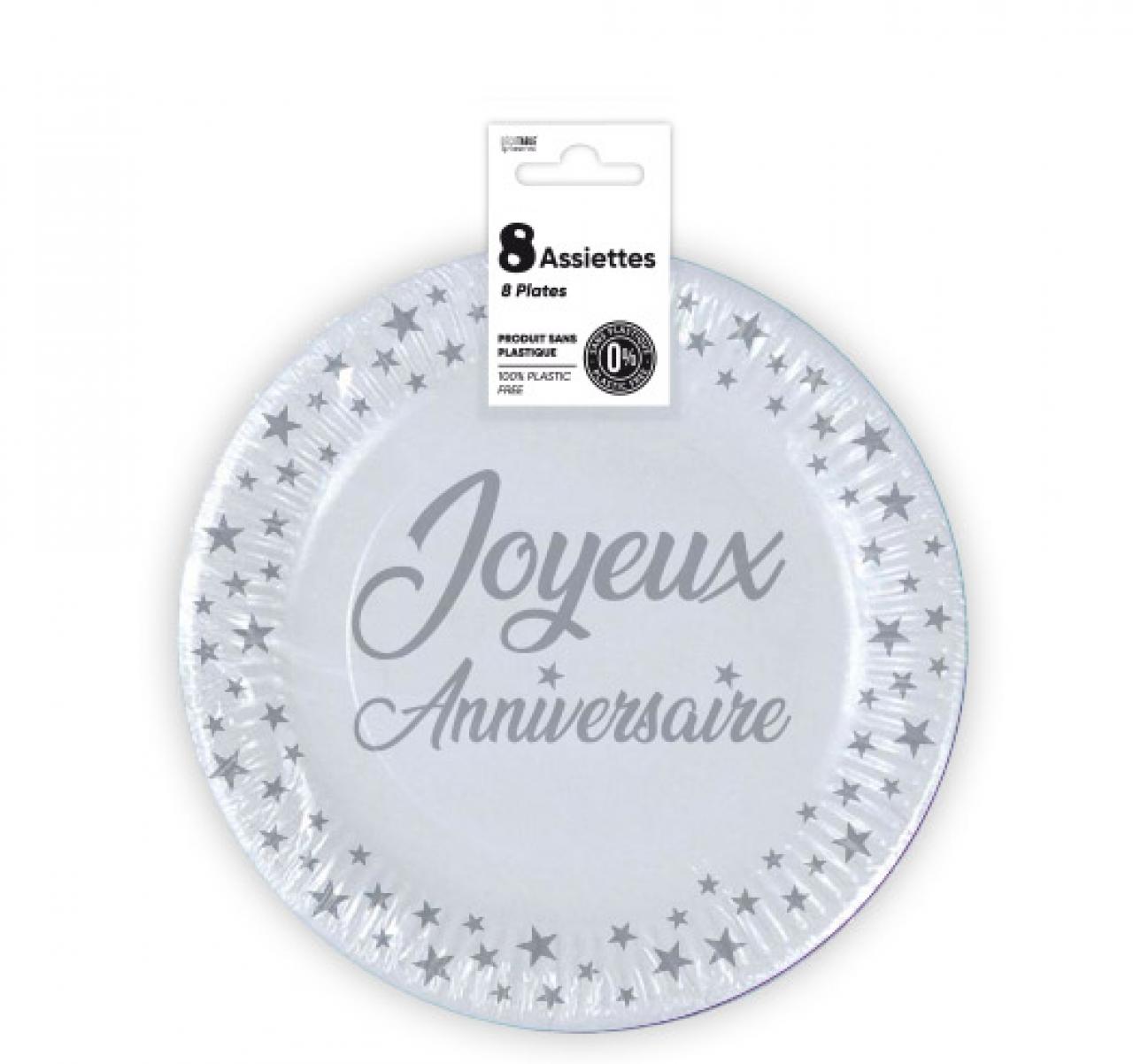 Assiettes x8 Anniversaire 18 cm blanc