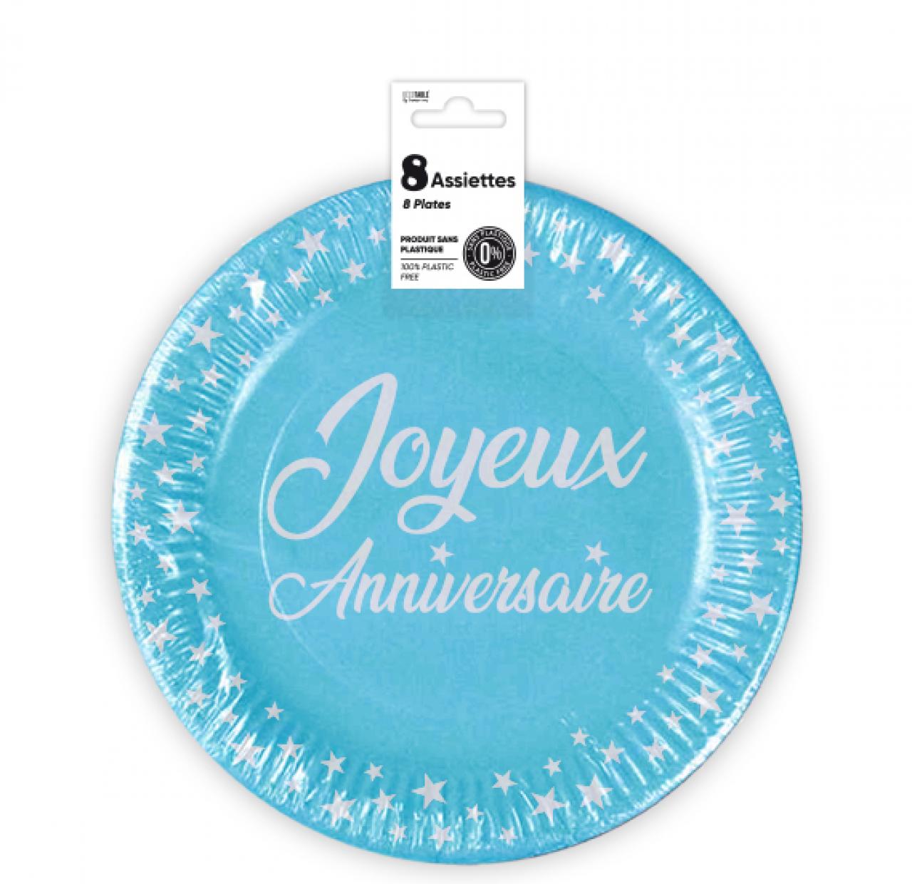 Assiettes x8 Anniversaire 23 cm bleu