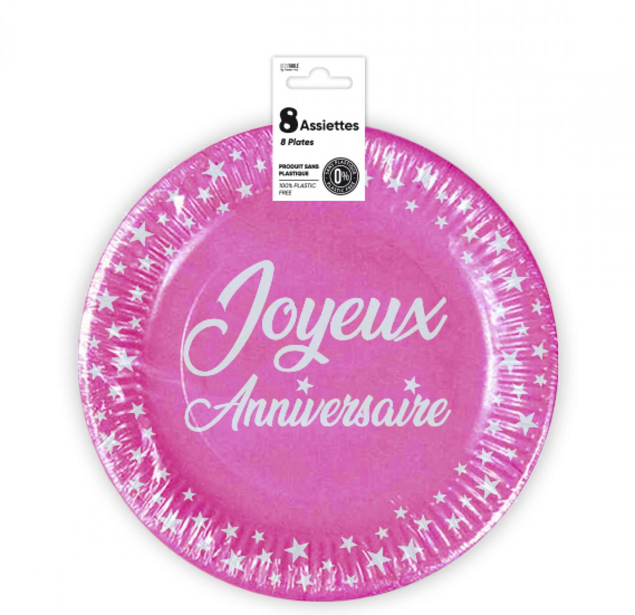 8 pinke Geburtstagsteller 23 cm
