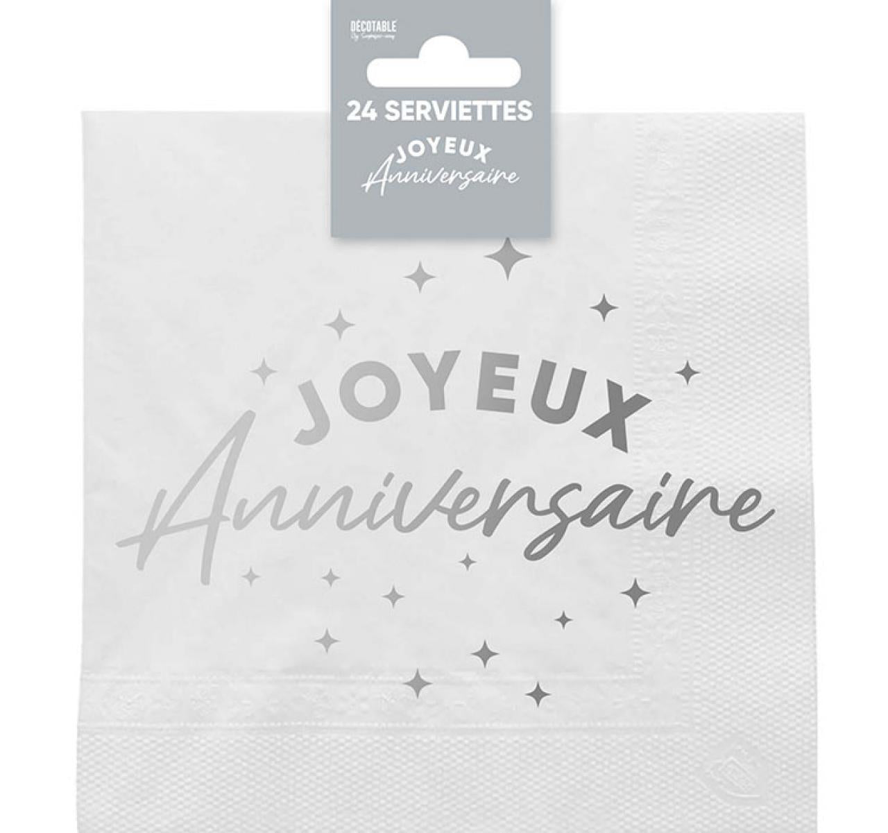 Serviettes de table x24 métallisée Argent joyeux anniversaire