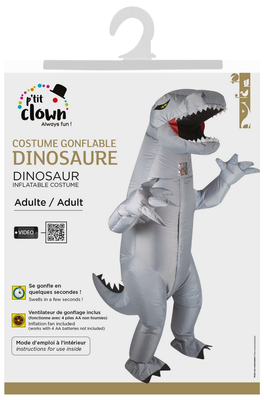 Costume gonflable dinosaure - gris - adulte - taille unique