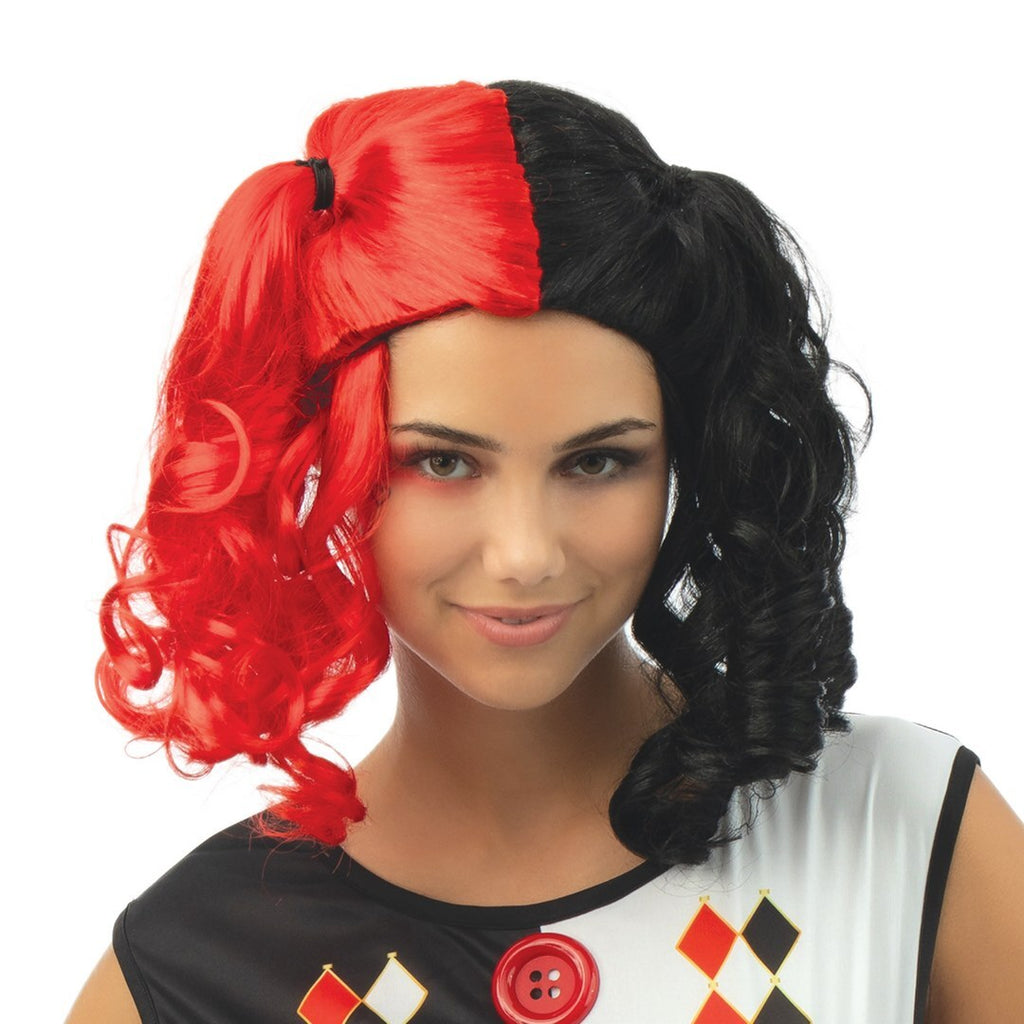 Harlekinperücke mit Zöpfen - schwarz, rot