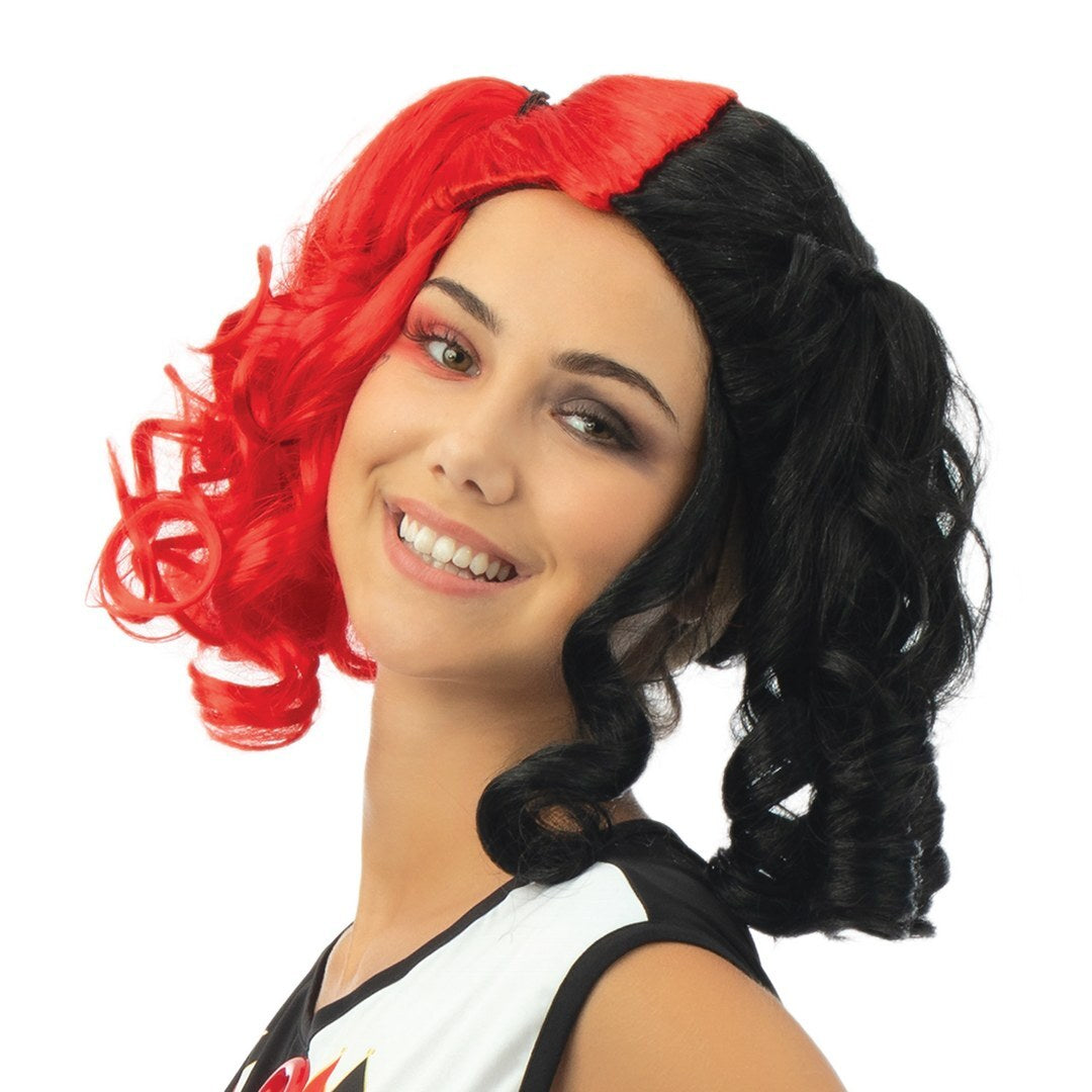 Harlekinperücke mit Zöpfen - schwarz, rot