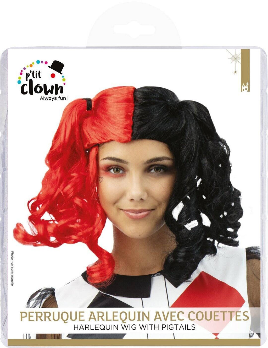 Harlekinperücke mit Zöpfen - schwarz, rot