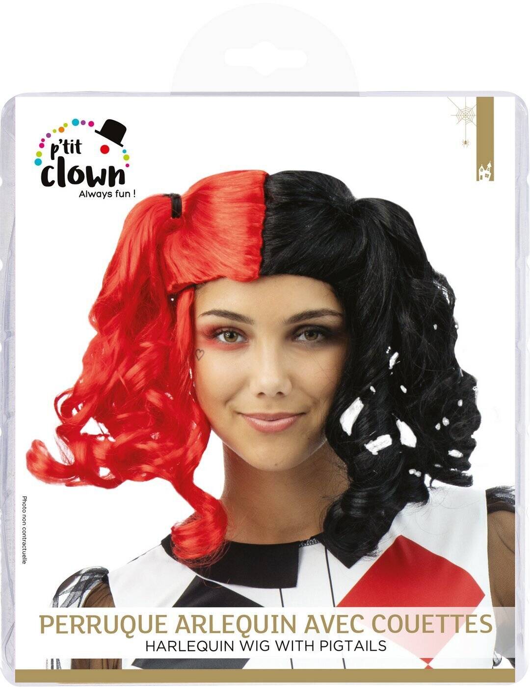 Harlekinperücke mit Zöpfen - schwarz, rot