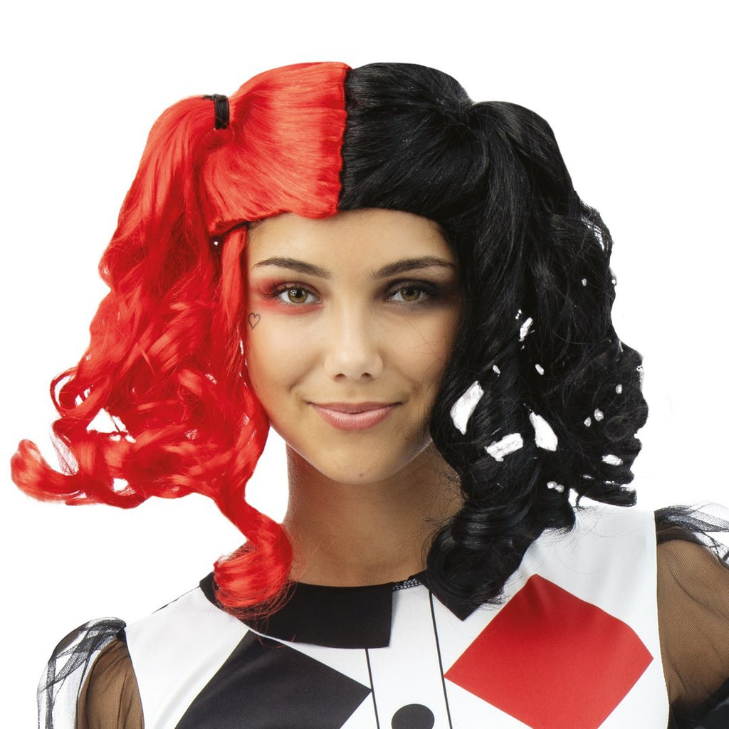 Harlekinperücke mit Zöpfen - schwarz, rot