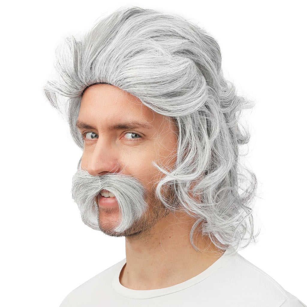 Perruque mi-longue avec moustache - gris
