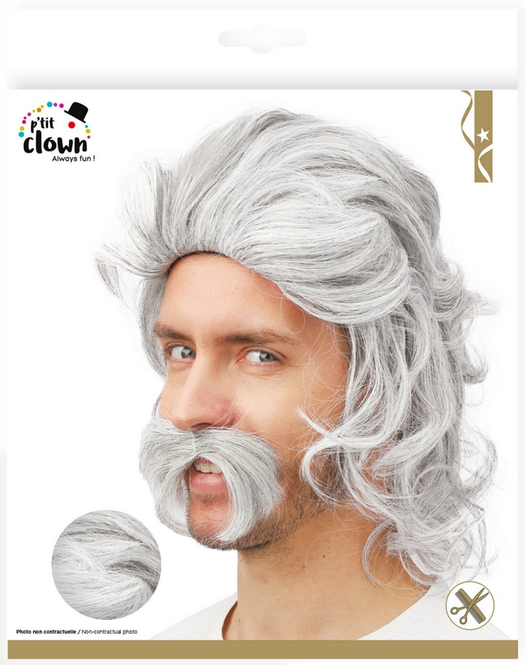 Perruque mi-longue avec moustache - gris