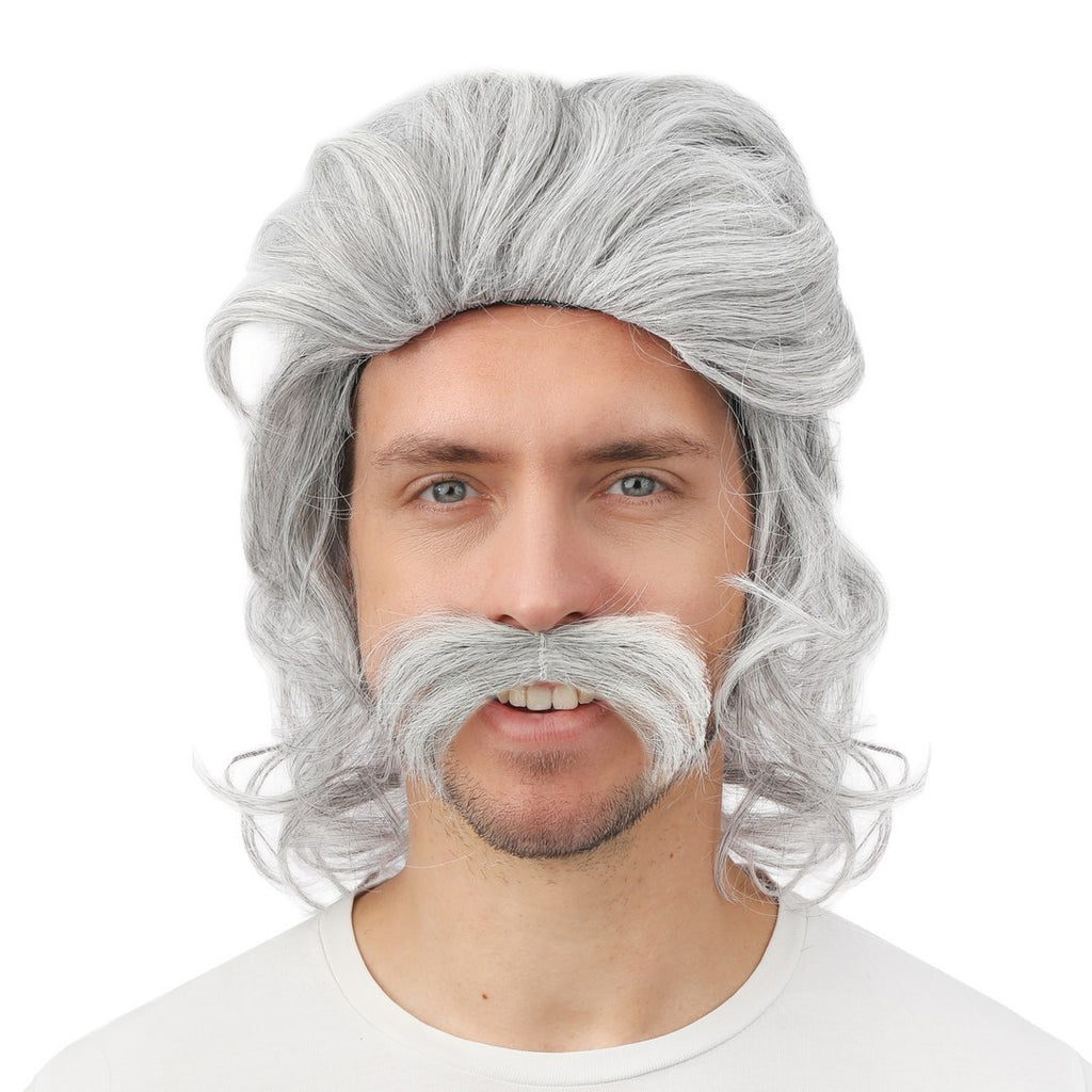 Perruque mi-longue avec moustache - gris