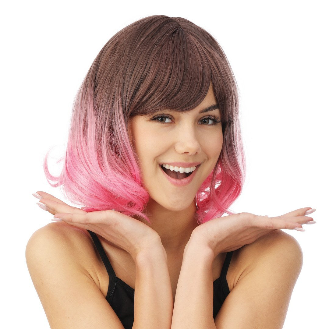 Perruque mi-longue avec frange - luxe - rose