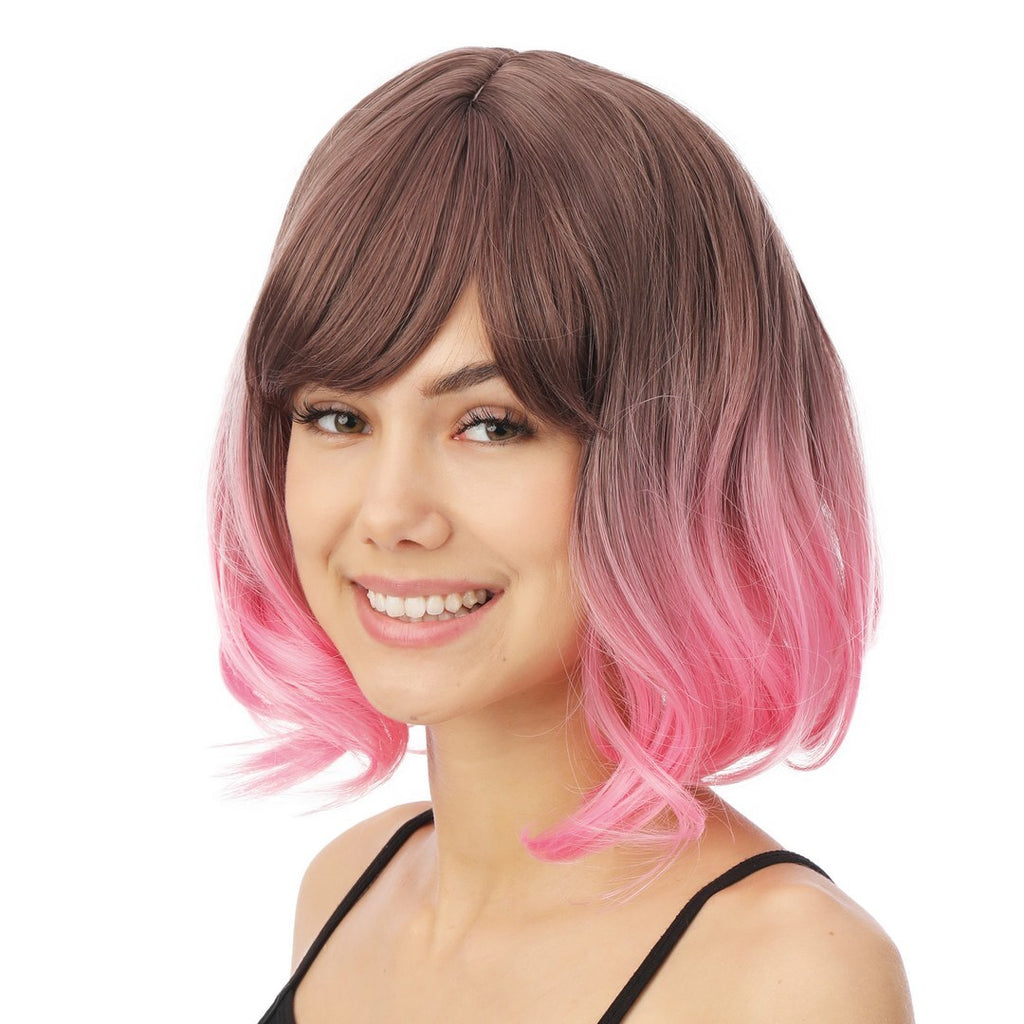Perruque mi-longue avec frange - luxe - rose