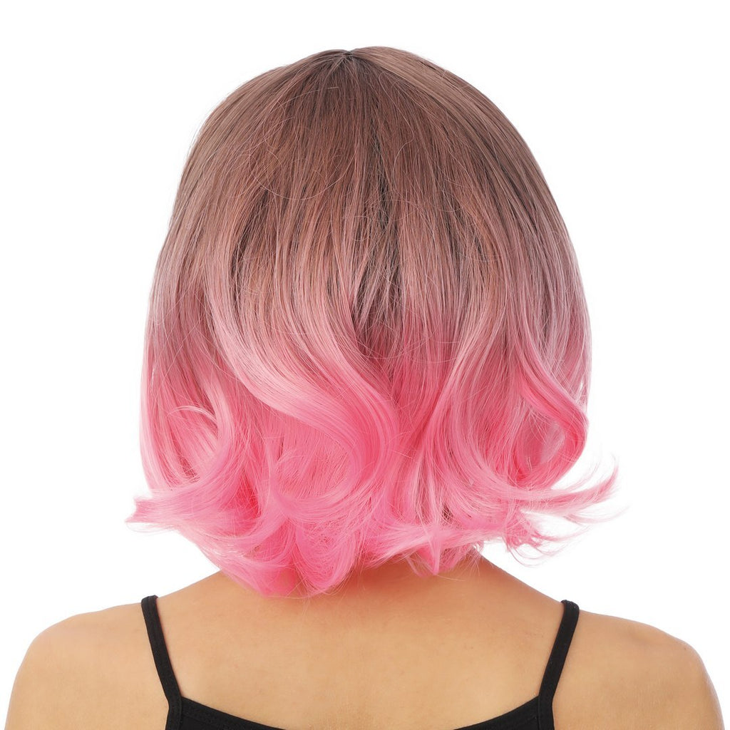 Perruque mi-longue avec frange - luxe - rose