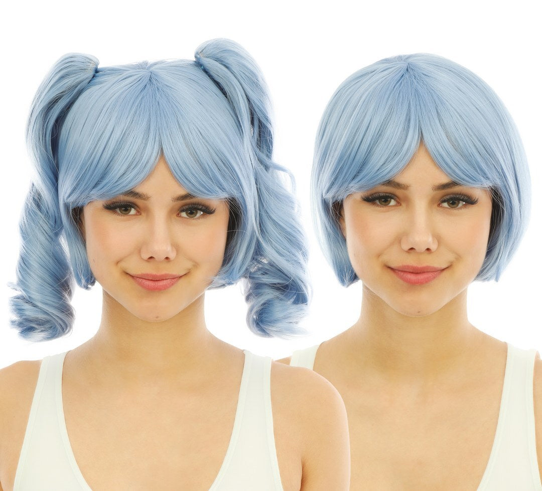 Perruque courte avec couettes détachables - luxe - bleu clair