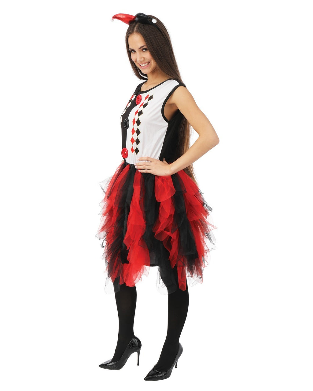 Harlequin costume with frills - black, red - adult