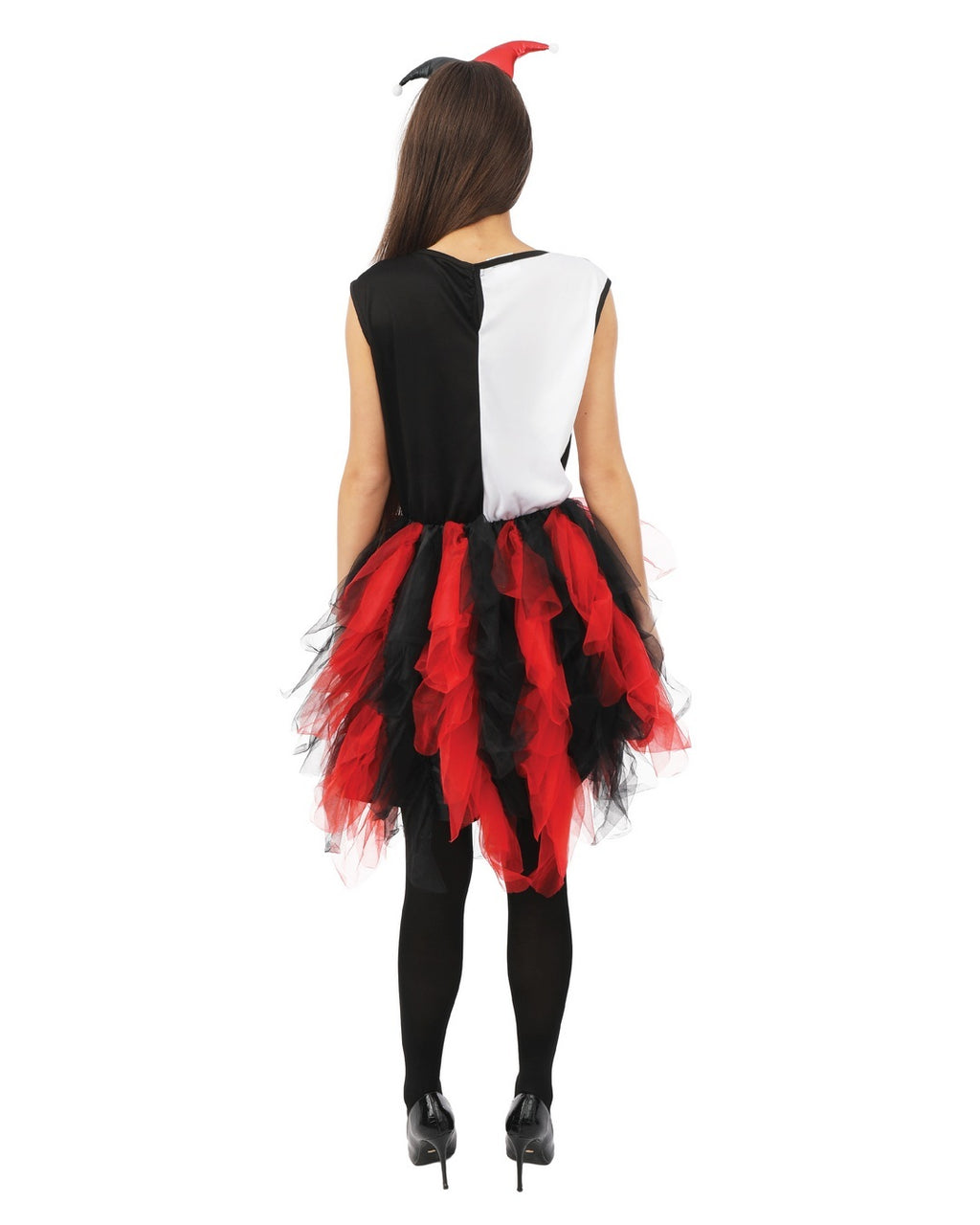 Harlequin costume with frills - black, red - adult