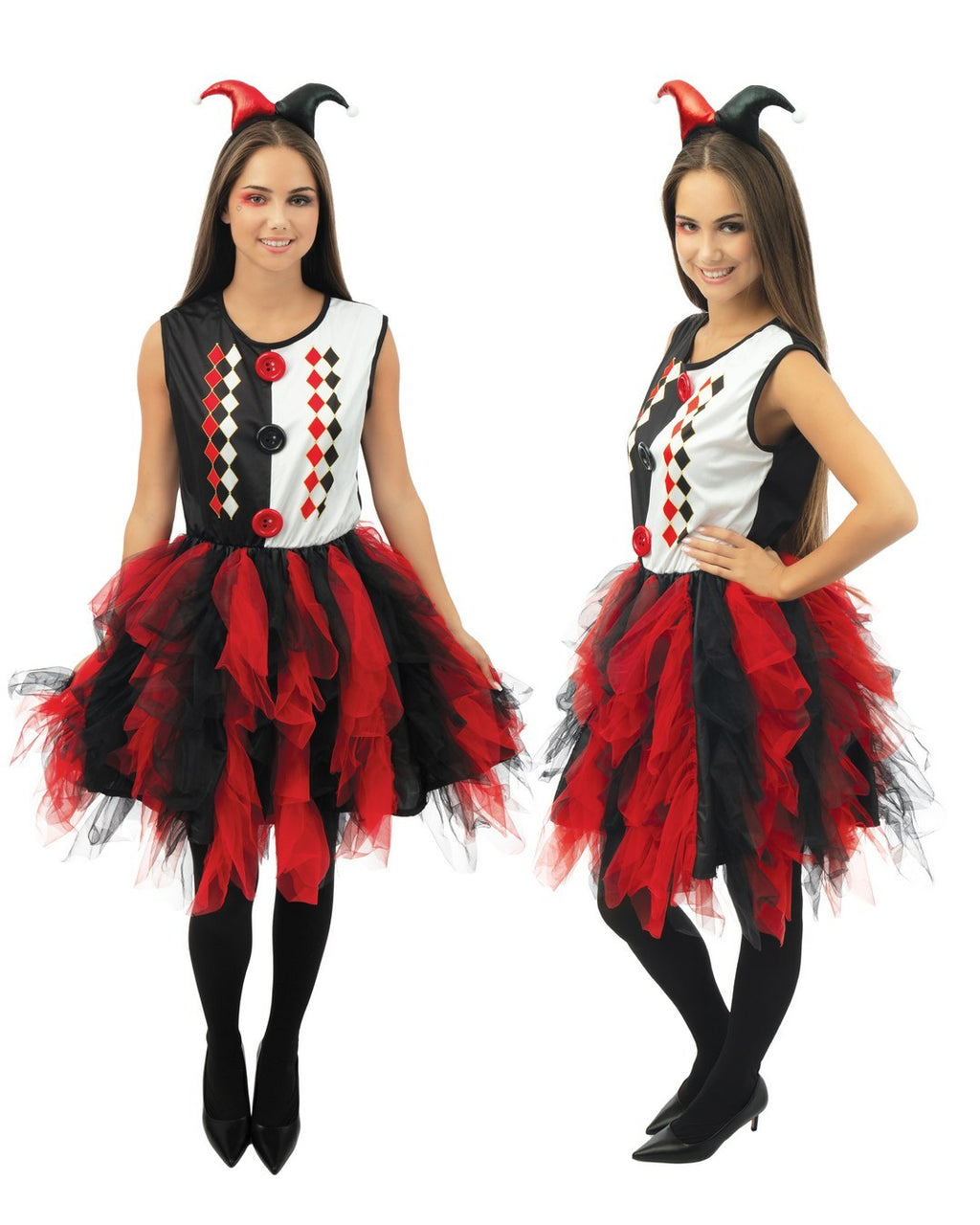 Harlequin costume with frills - black, red - adult