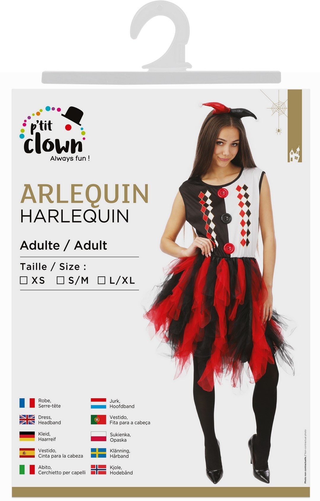 Harlequin costume with frills - black, red - adult