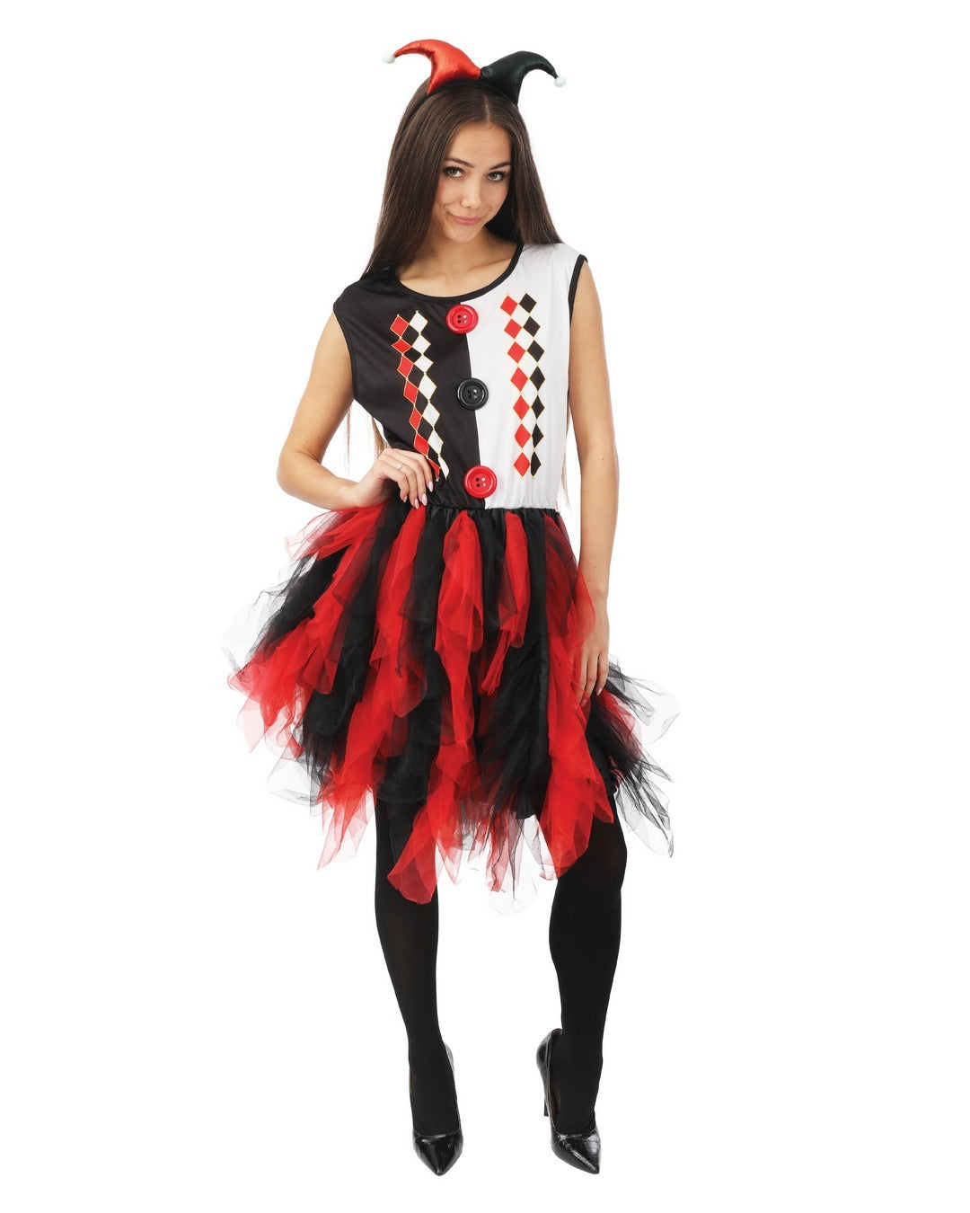 Harlequin costume with frills - black, red - adult