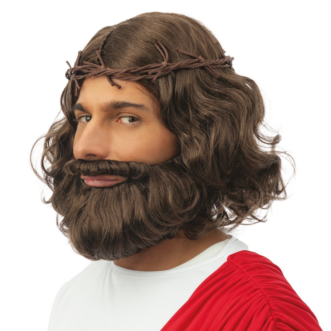 Jesus Perücke und Bart mit Krone - braun