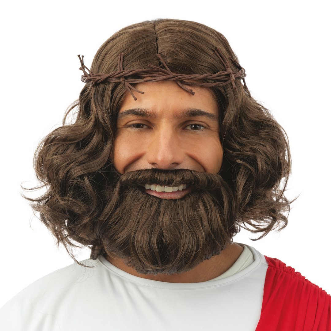 Jesus Perücke und Bart mit Krone - braun
