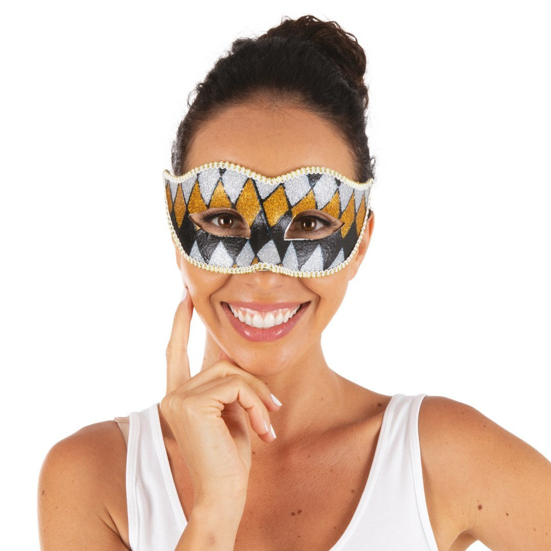 Venezianische Harlekinmaske - Grau, Schwarz, Gold