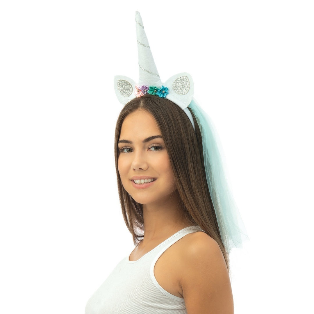 Einhorn-Haarreif - mit Schleier, weiß, silber