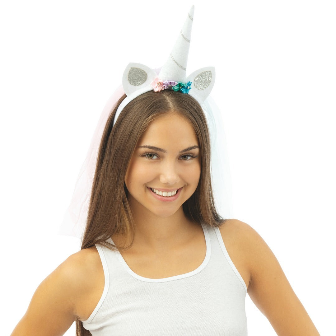 Einhorn-Haarreif - mit Schleier, weiß, silber