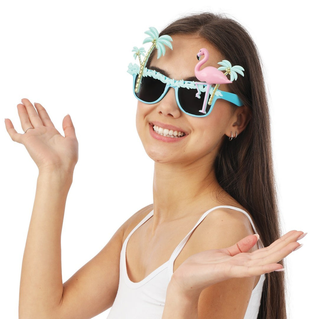 Sonnenbrille tropische Palme und Flamingo