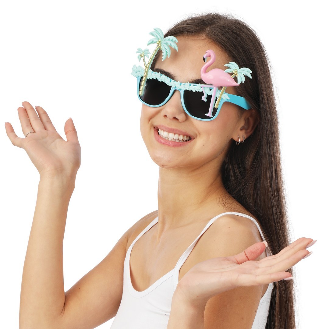 Sonnenbrille tropische Palme und Flamingo