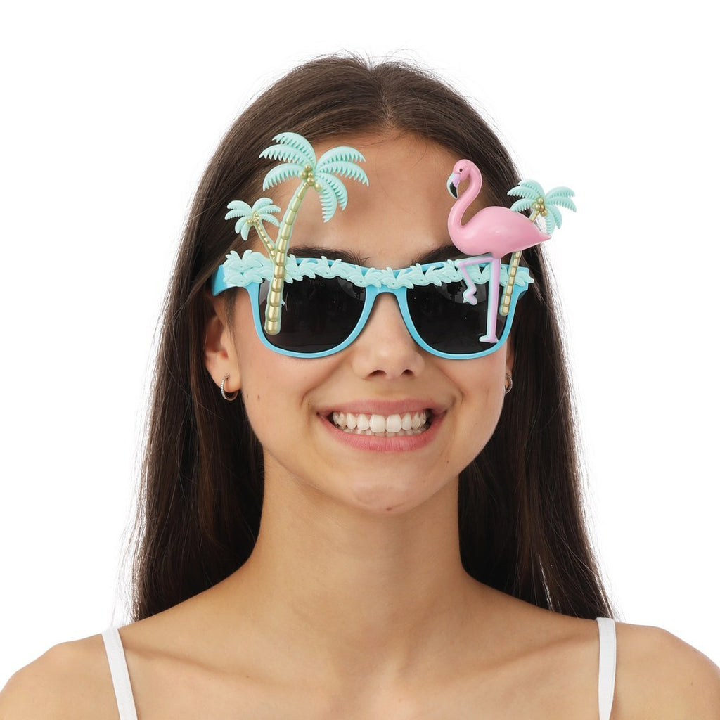Sonnenbrille tropische Palme und Flamingo