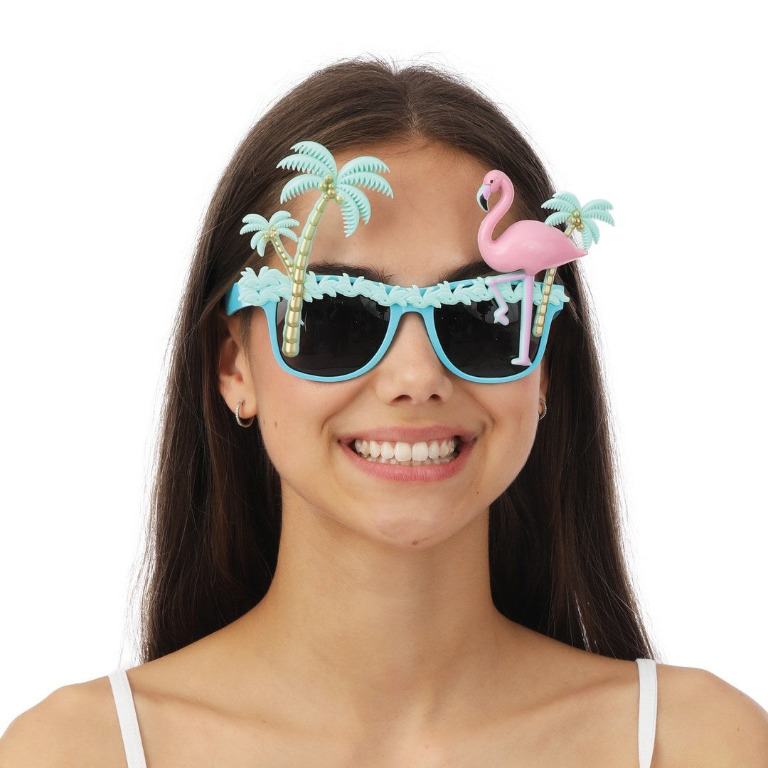 Sonnenbrille tropische Palme und Flamingo