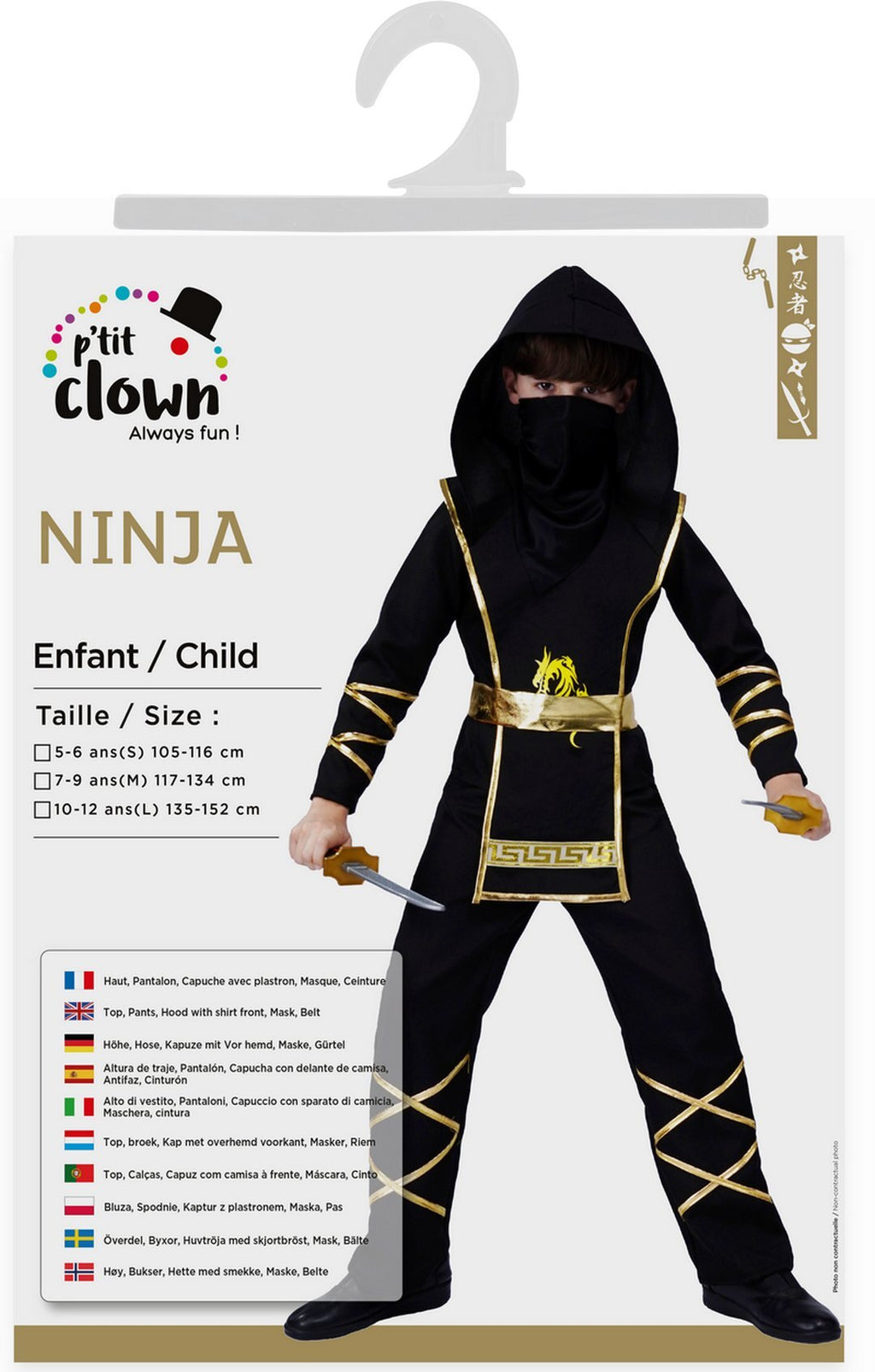 Ninja-Kostüm – Kind – schwarz, gold