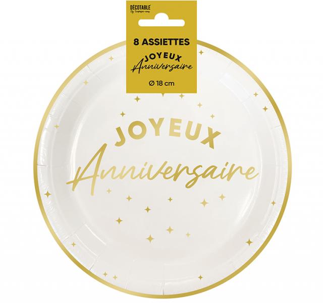 Assiettes x 8 anniversaire 18 cm dorées