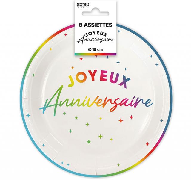 Assiettes x 8 anniversaire 18 cm multicolores