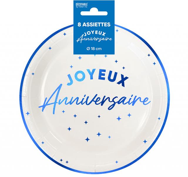 ASSIETTES X 8 ANNIVERSAIRE 18CM BLEU