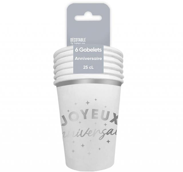 6 Metallische Joyeux Anniversaire Becher Silber