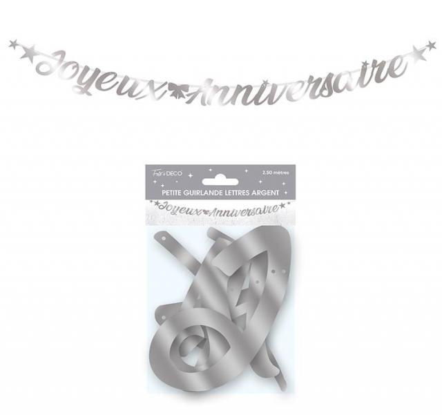 Girlande Metallisch 2,5 m Happy Birthday Silber