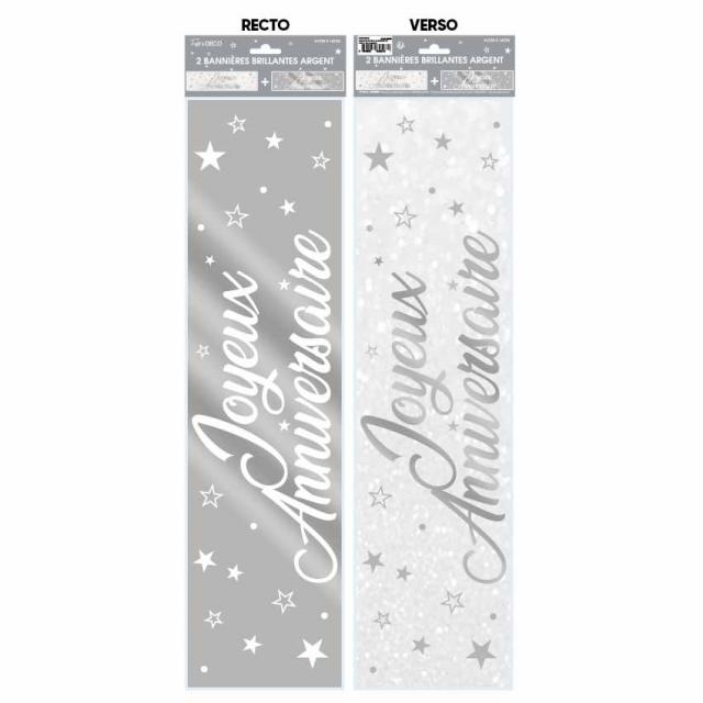 2 Happy Birthday Banner Metallic Silber
