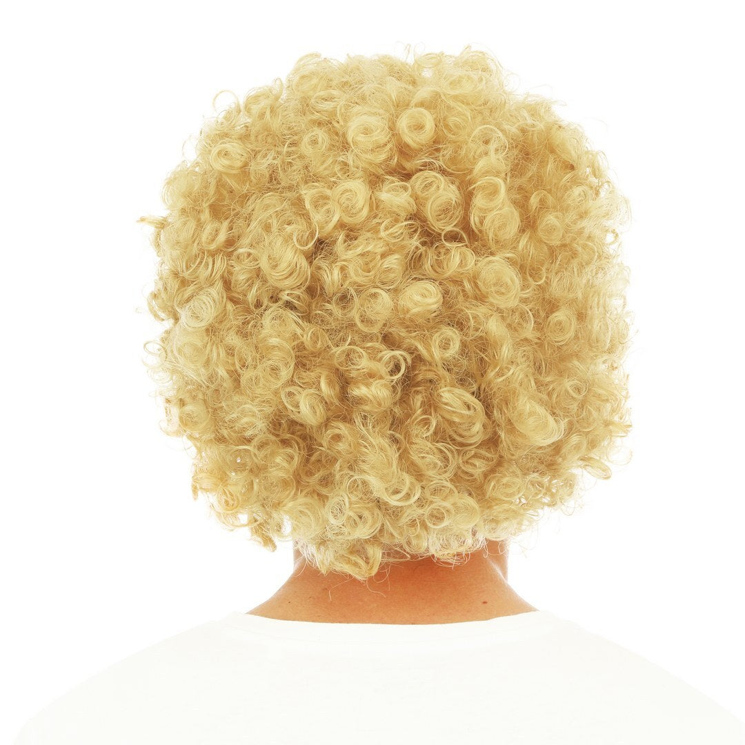 Kurze, gelockte Perücke und Schnurrbart – blond