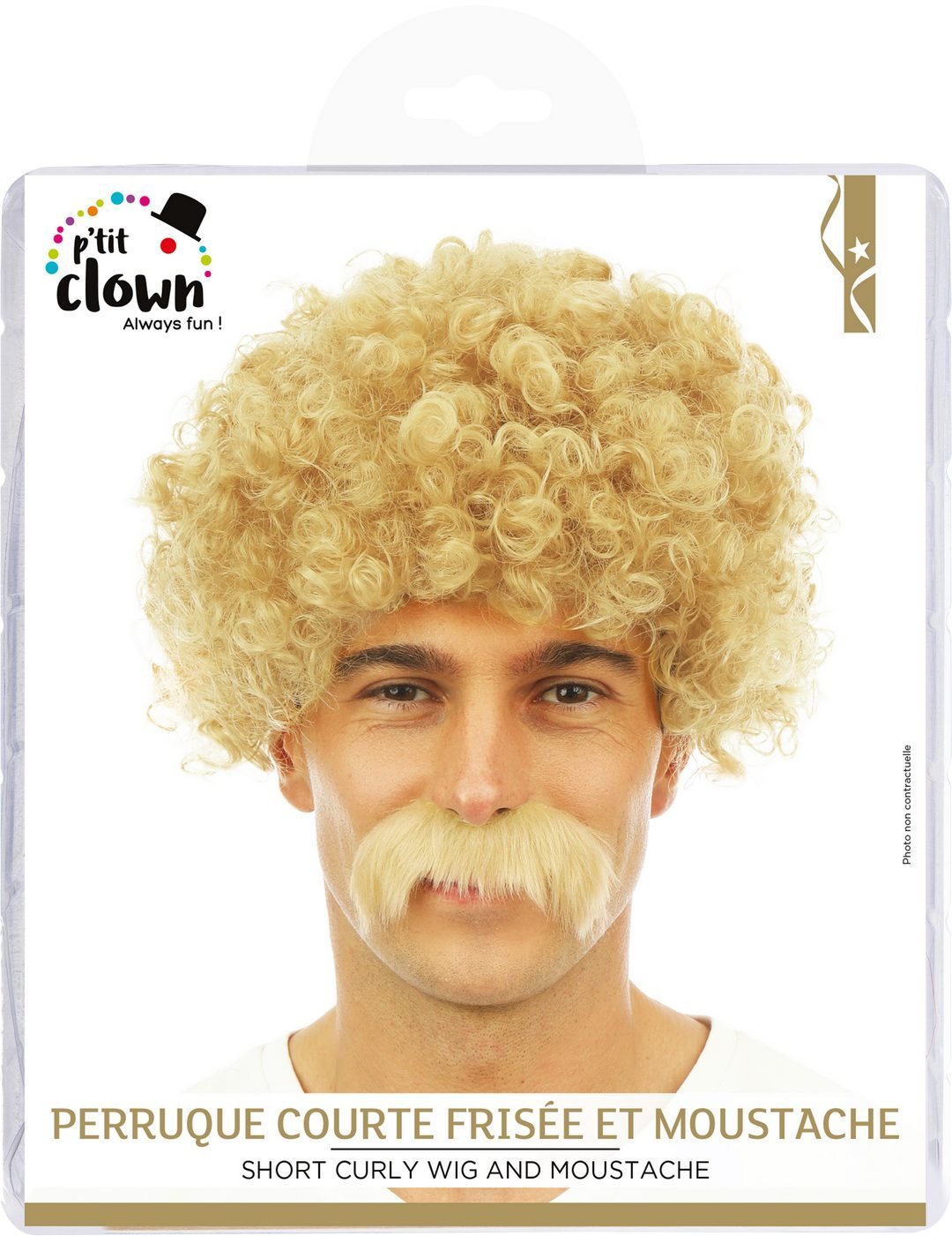 Kurze, gelockte Perücke und Schnurrbart – blond